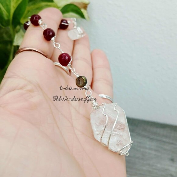 Large Clear Quartz Dowsing Pendulum, Divination Tools, Garnet 7.25" - Picture 5 of 5